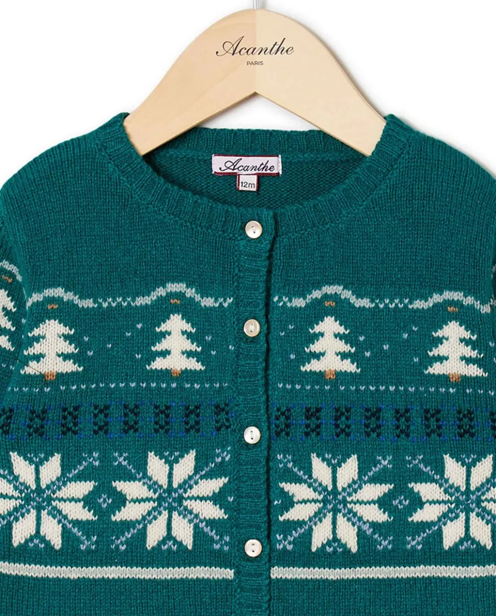 Acanthe Cardigan col rond jacquard 100% lambswool Vert Outlet